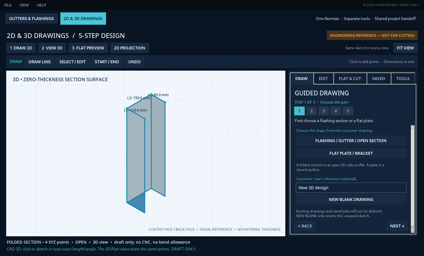 Norman 2.0 development CAD with a shaded folded-section 3D model